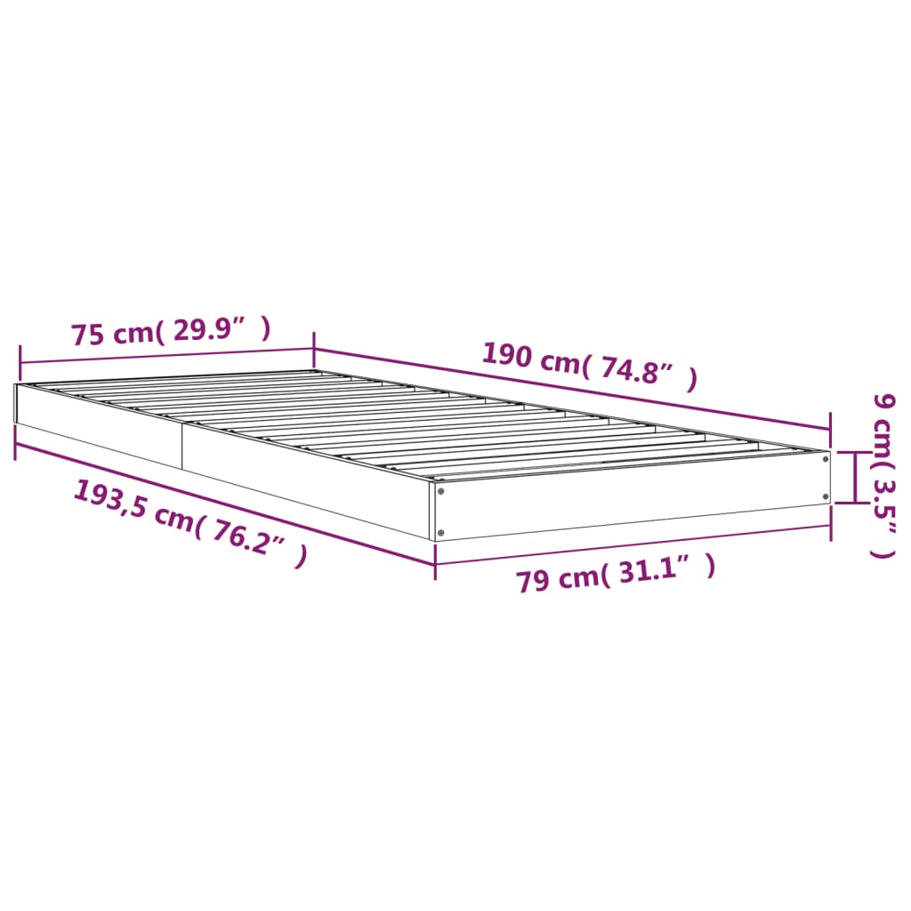 Bed frame without mattress 75x190 cm solid pine wood