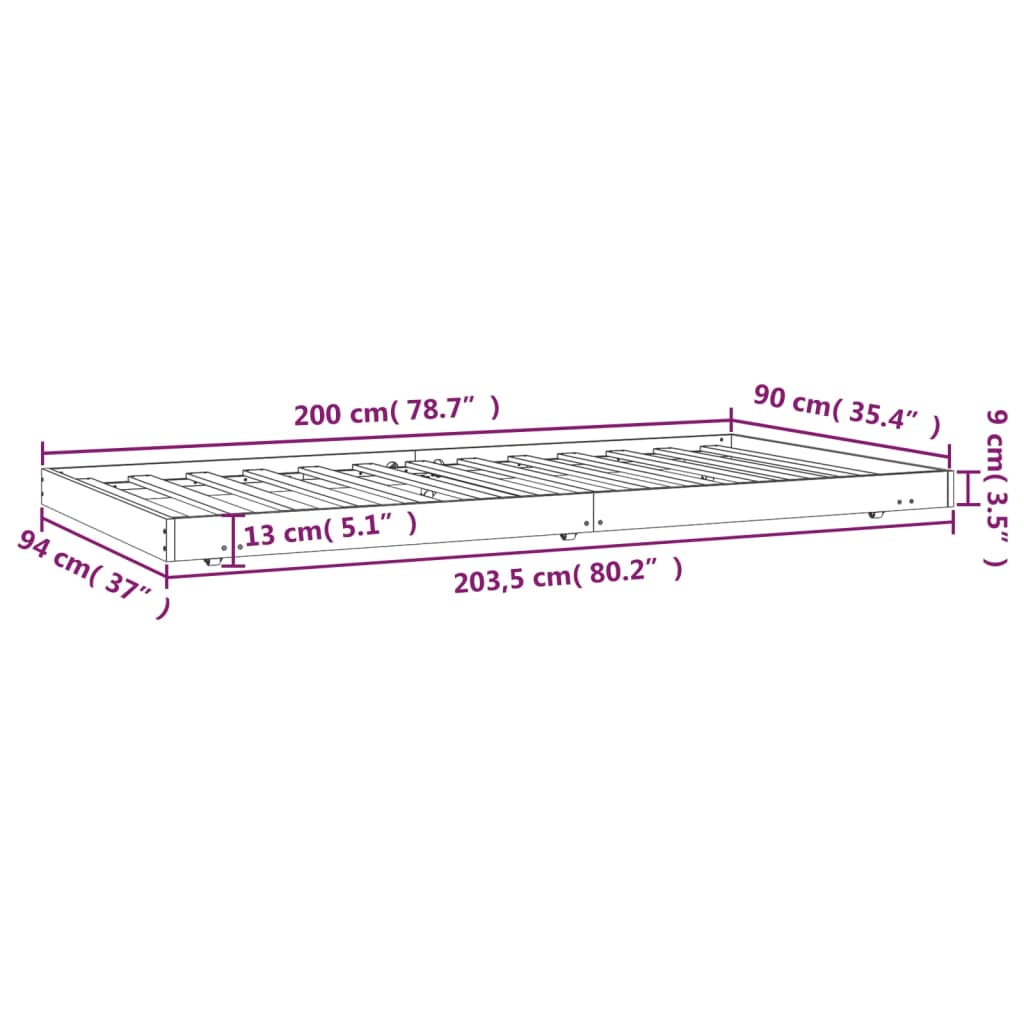 Bettgestell ohne Matratze grau 90x200 cm aus massivem Kiefernholz