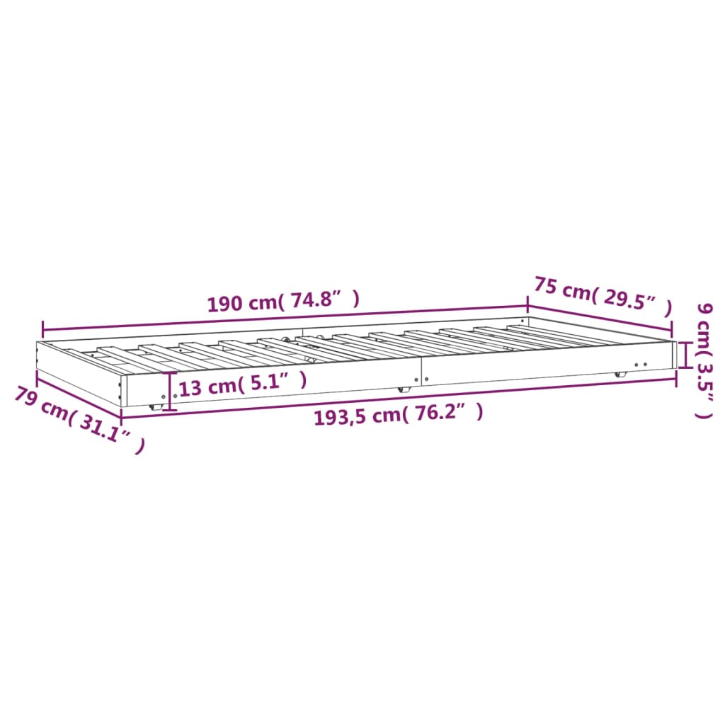 Bed frame without white mattress 75x190 cm solid pine wood