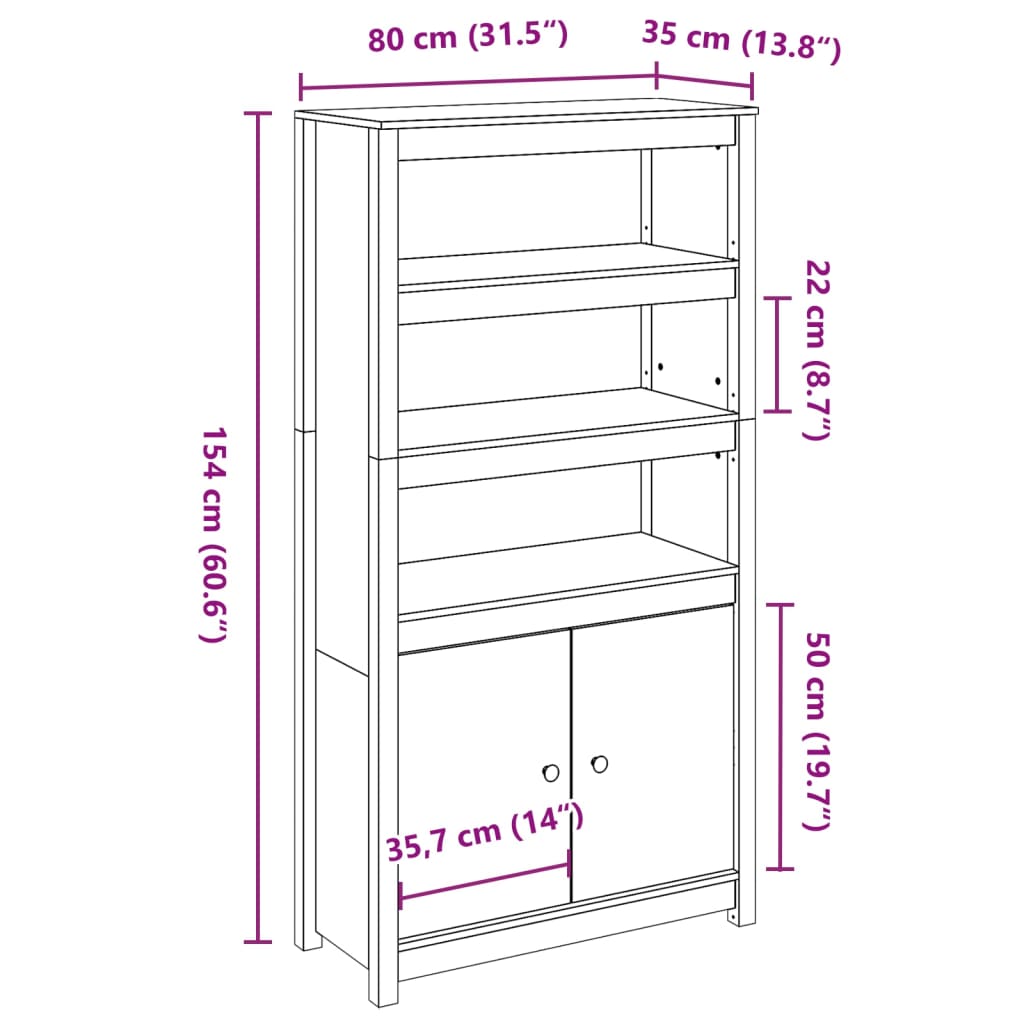 Buffet haut Marron miel 80x35x154 cm Bois massif de pin