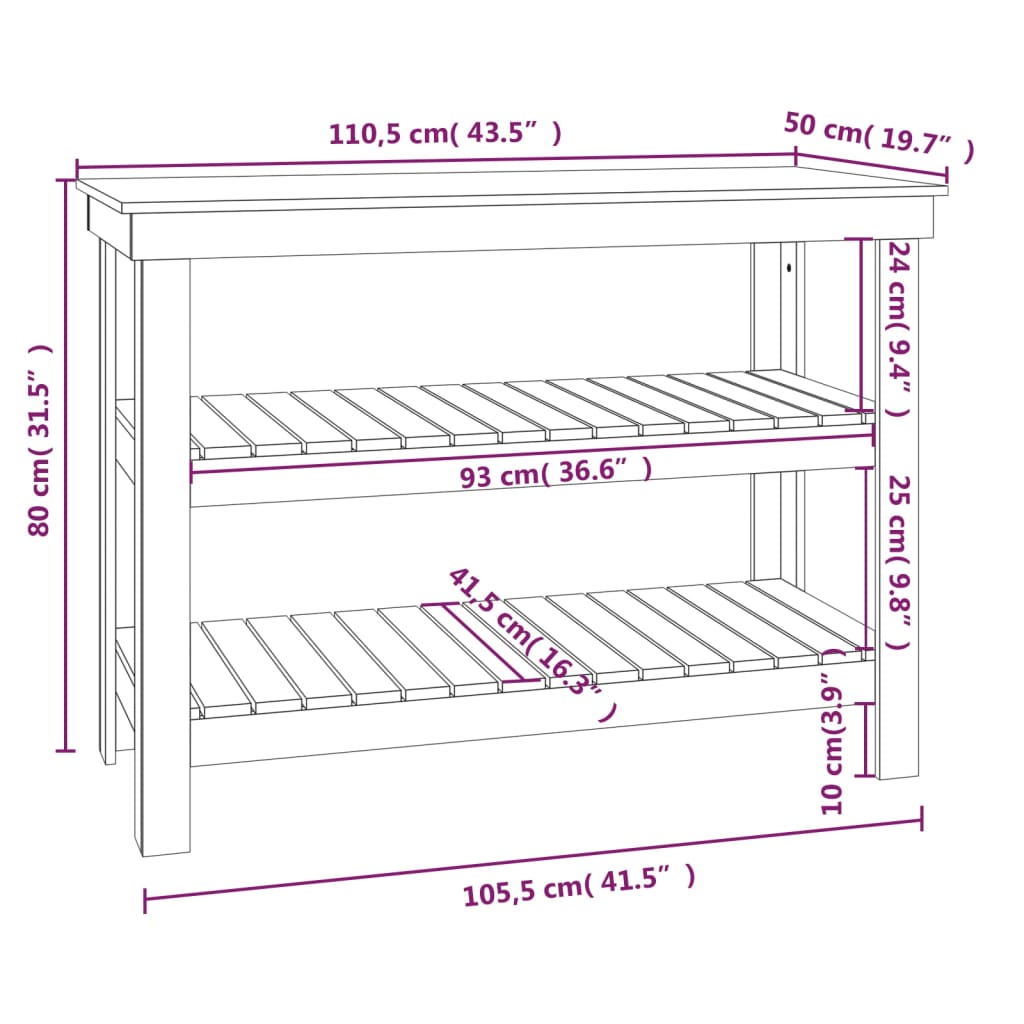 Schwarze Werkbank 110,5x50x80 cm Massives Kiefernholz