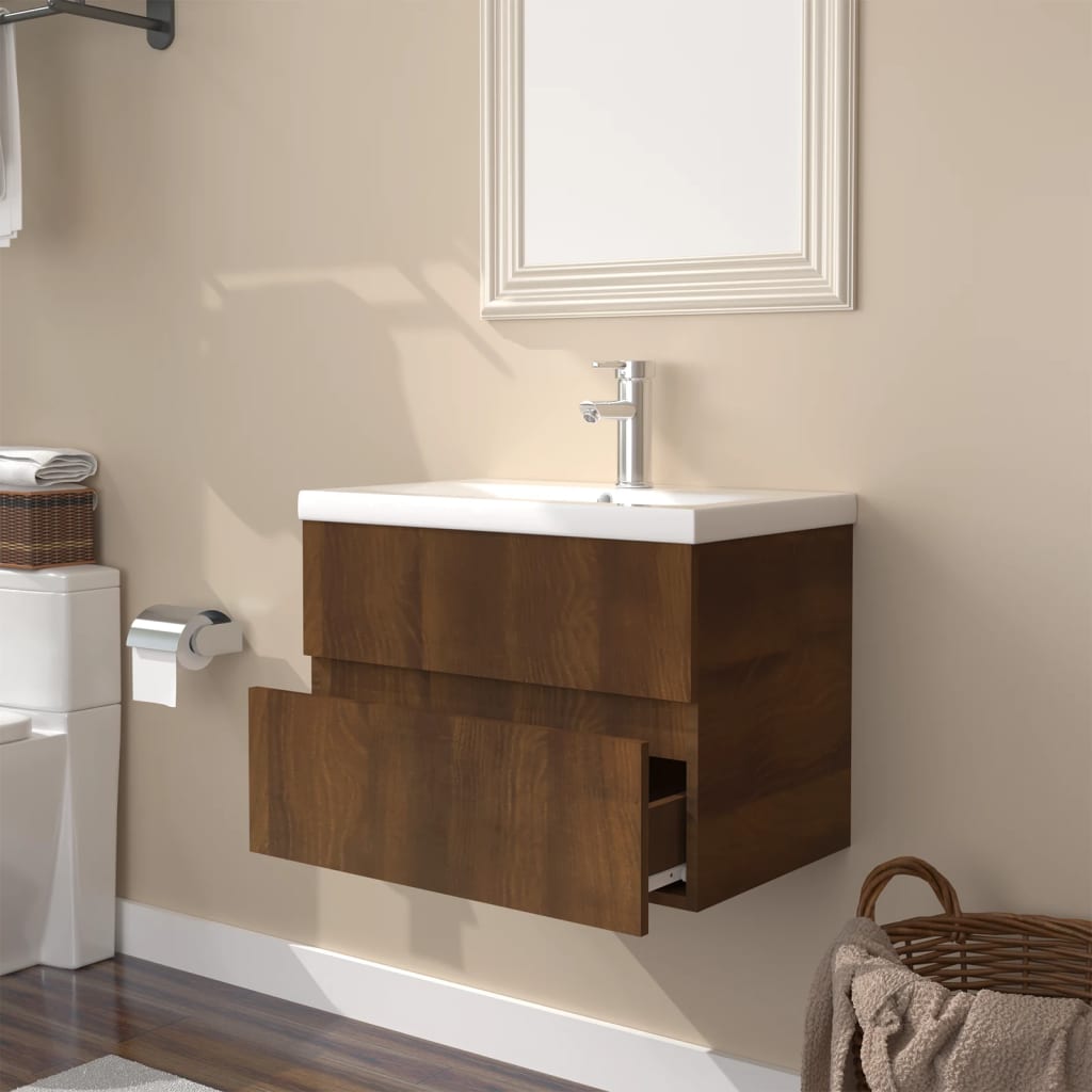 Meuble lavabo avec bassin intégré Chêne brun Bois d'ingénierie