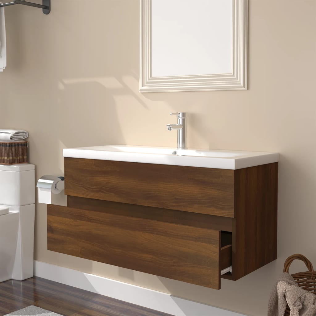 Meuble lavabo avec bassin intégré Chêne brun Bois d'ingénierie