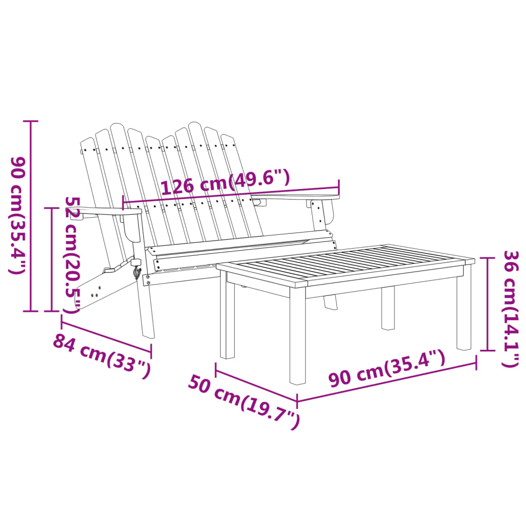 Ensemble de salon de jardin Adirondack 3 pcs bois acacia solide