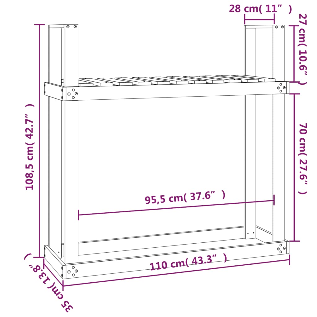 Support pour bois de chauffage Gris 110x35x108,5 cm Bois de pin