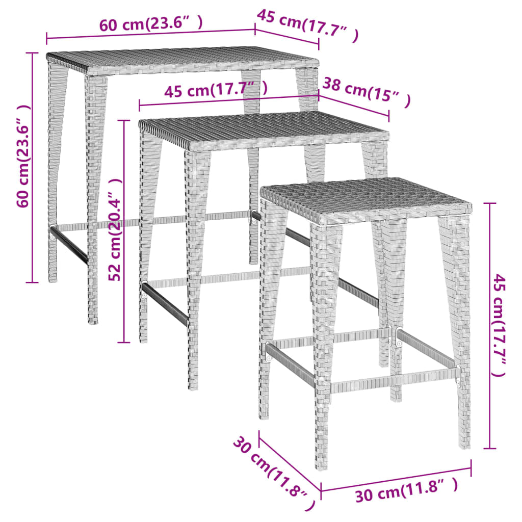 Nesting tables 3 pcs brown resin wicker