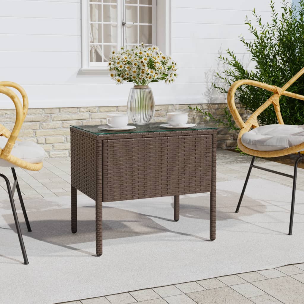 Brown side table 53x37x48 cm poly rattan and tempered glass