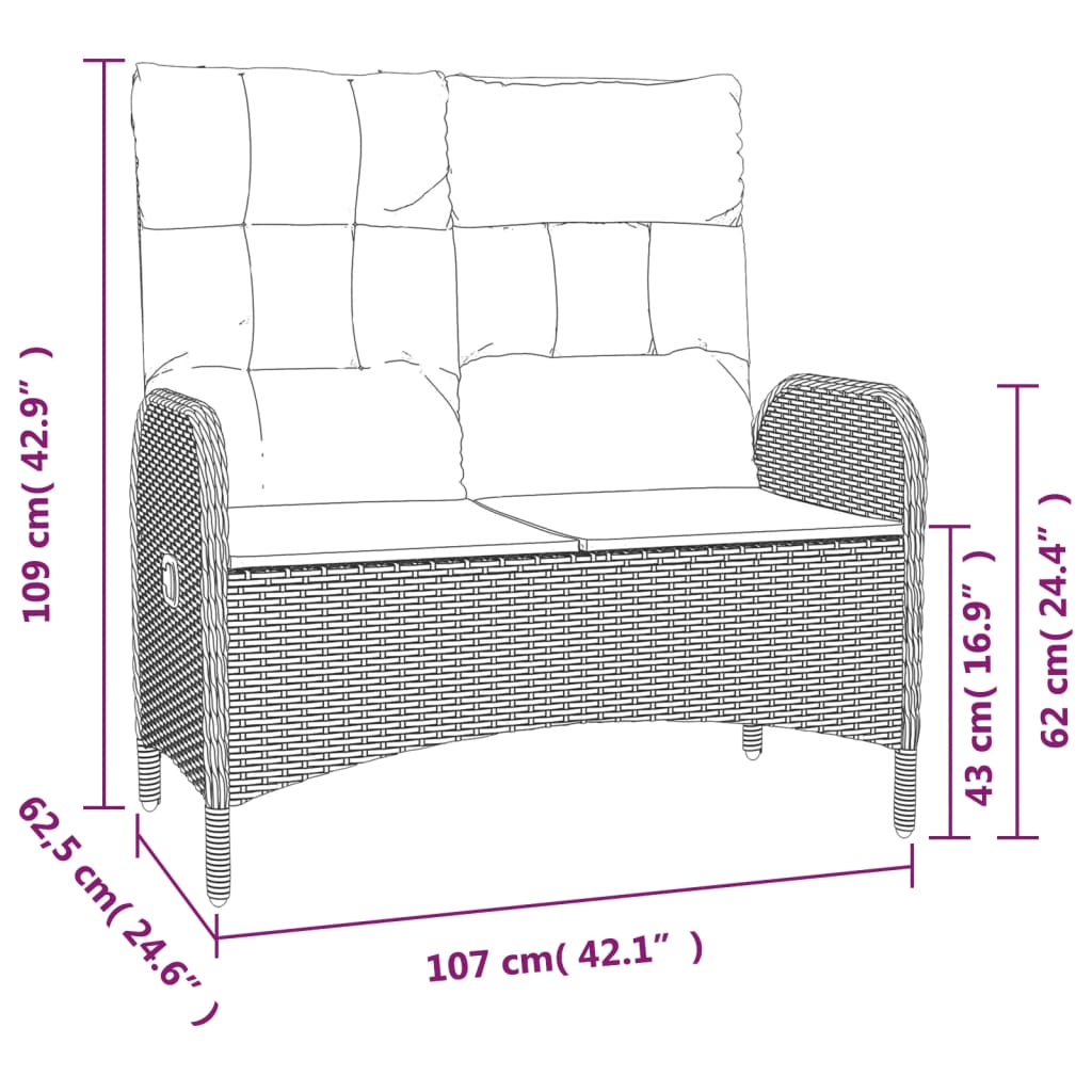 Liegende Gartenbank mit Kissen 107 cm Polyrattan Grau