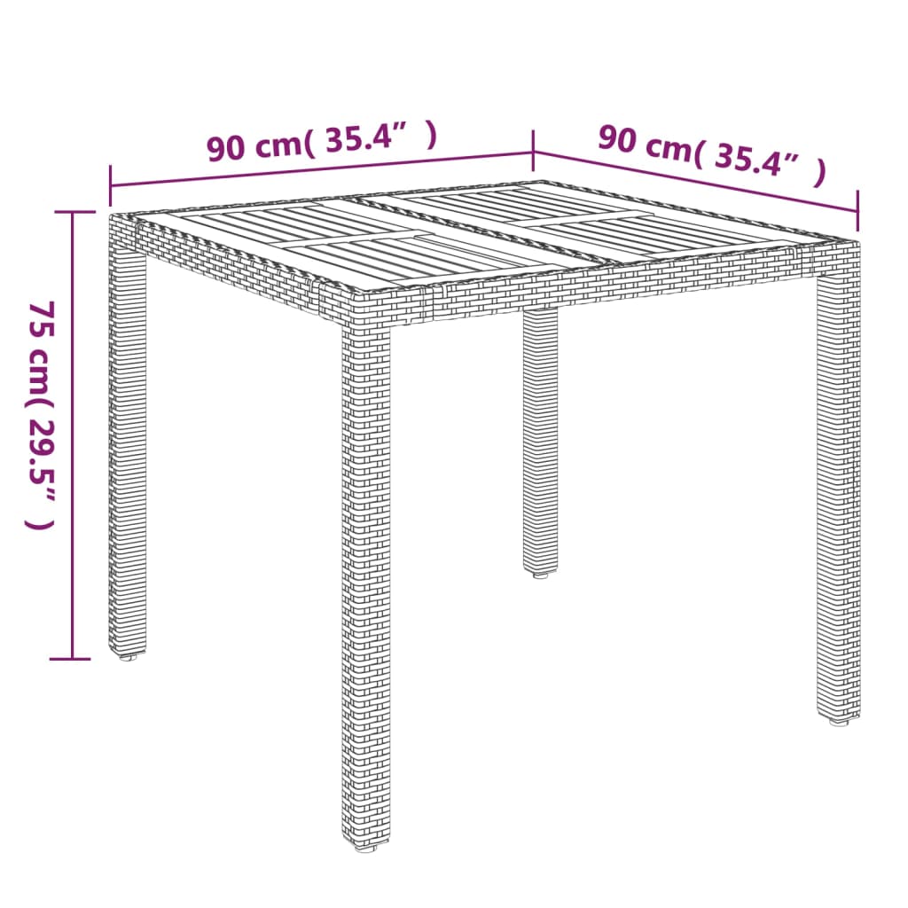 Garden table with wooden top Grey 90x90x75 cm Resin wicker