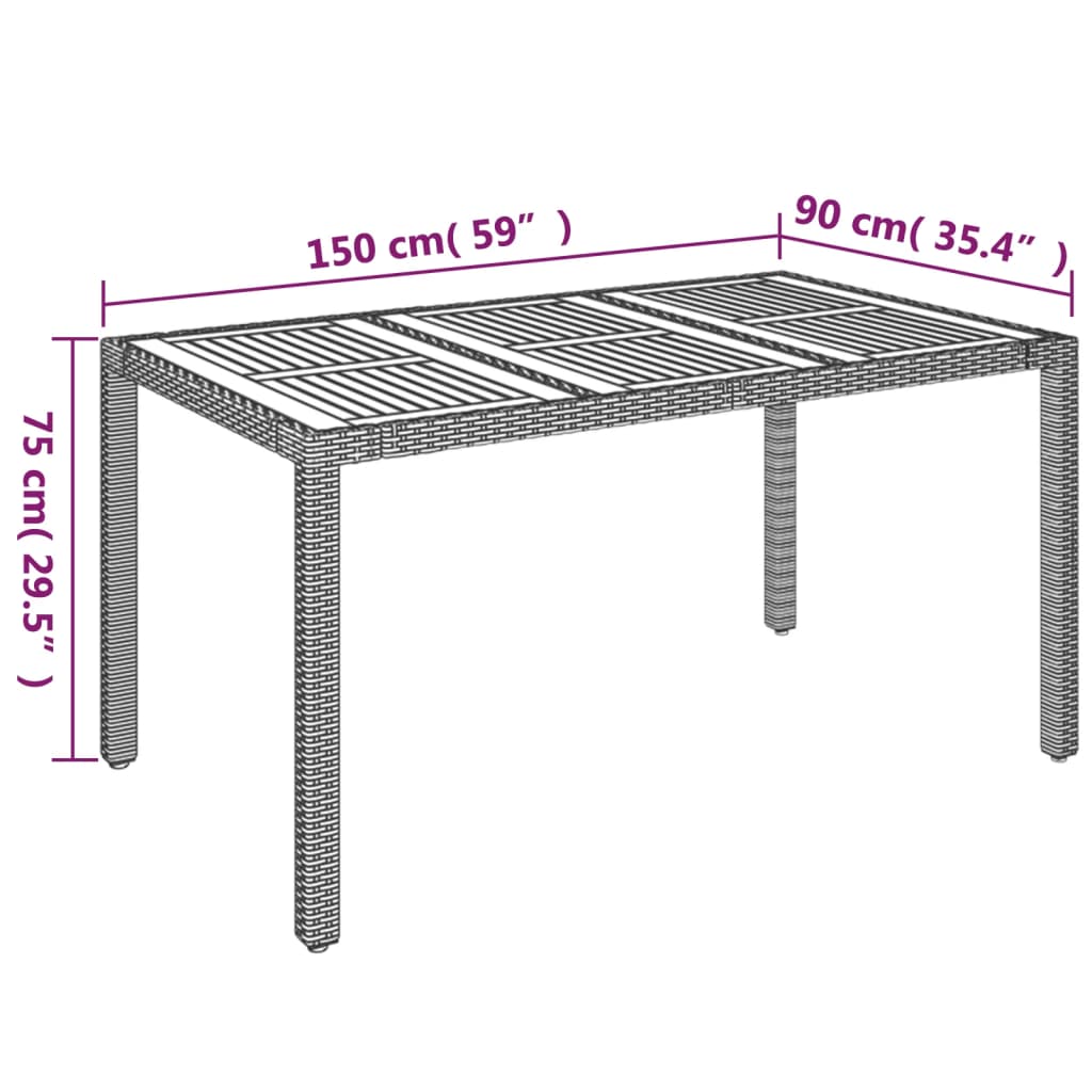 Garden table with wooden top Grey 150x90x75 cm Resin wicker