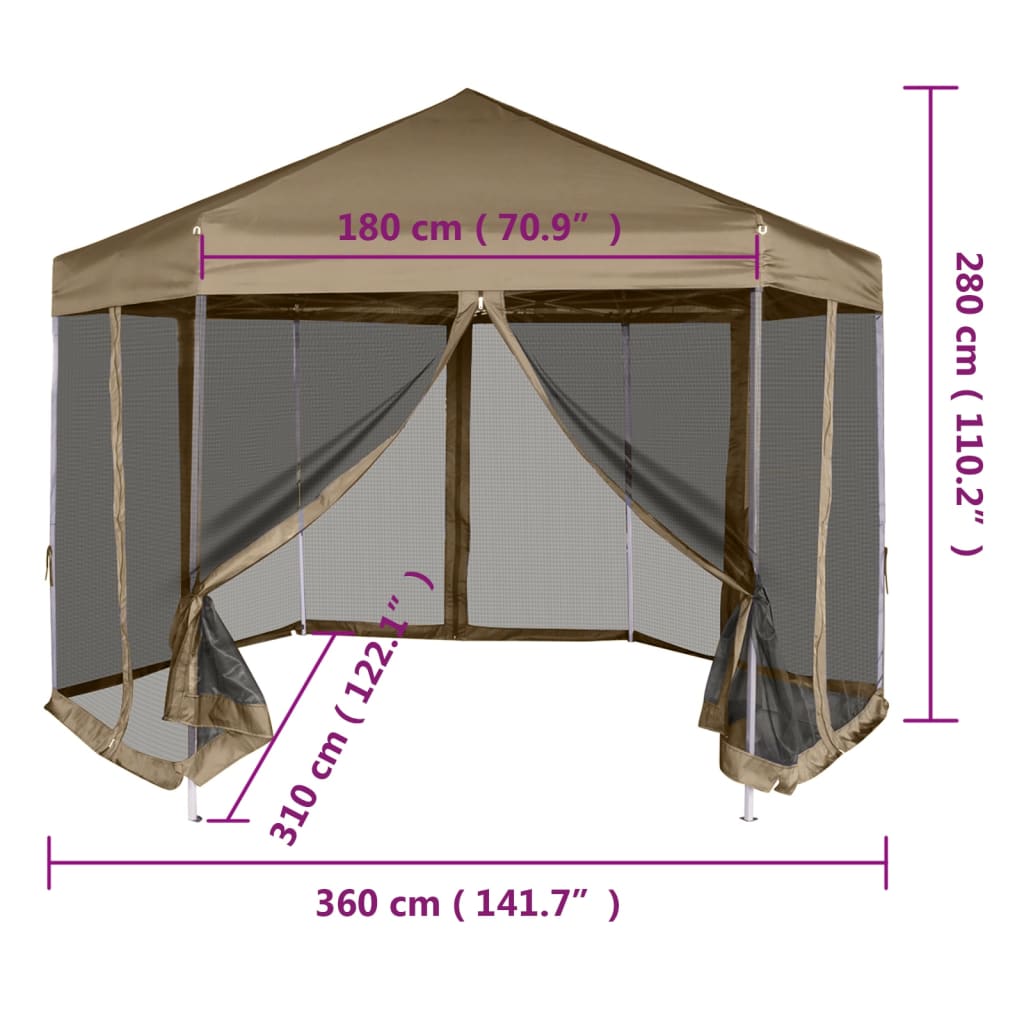 Chapiteau hexagonal et parois latérales 3,6x3,1 m taupe 220g/m²