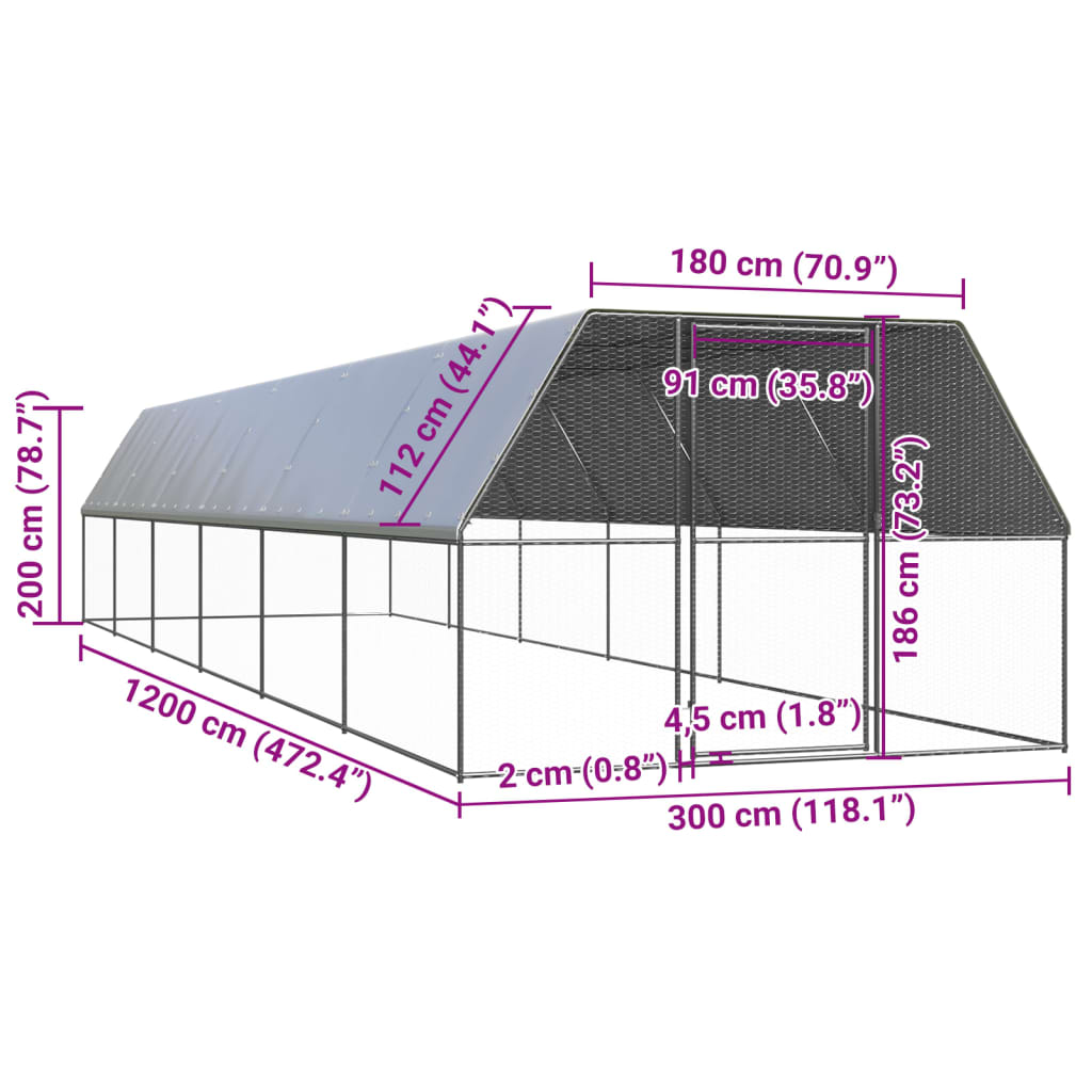 Outdoor chicken coop 3x12x2 m Galvanized steel