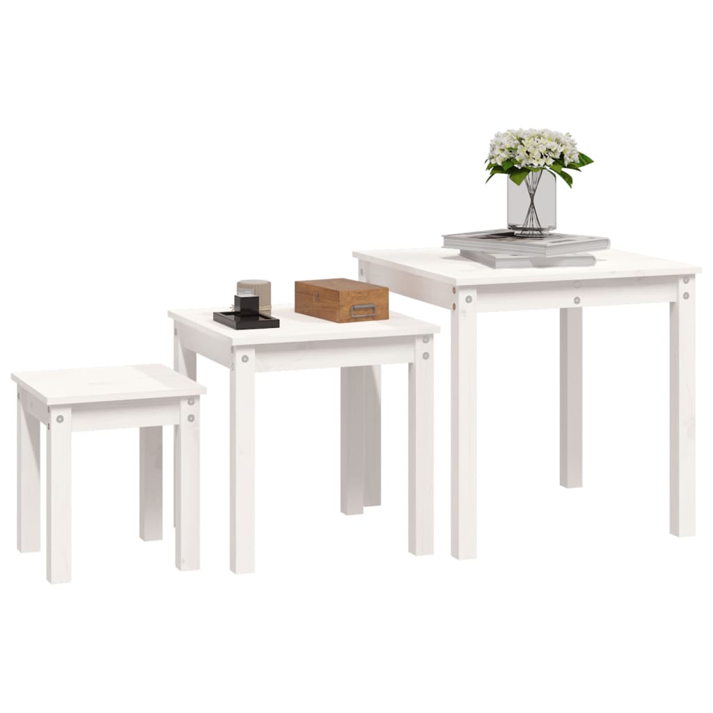 Nesting tables 3 pcs White Solid pine wood