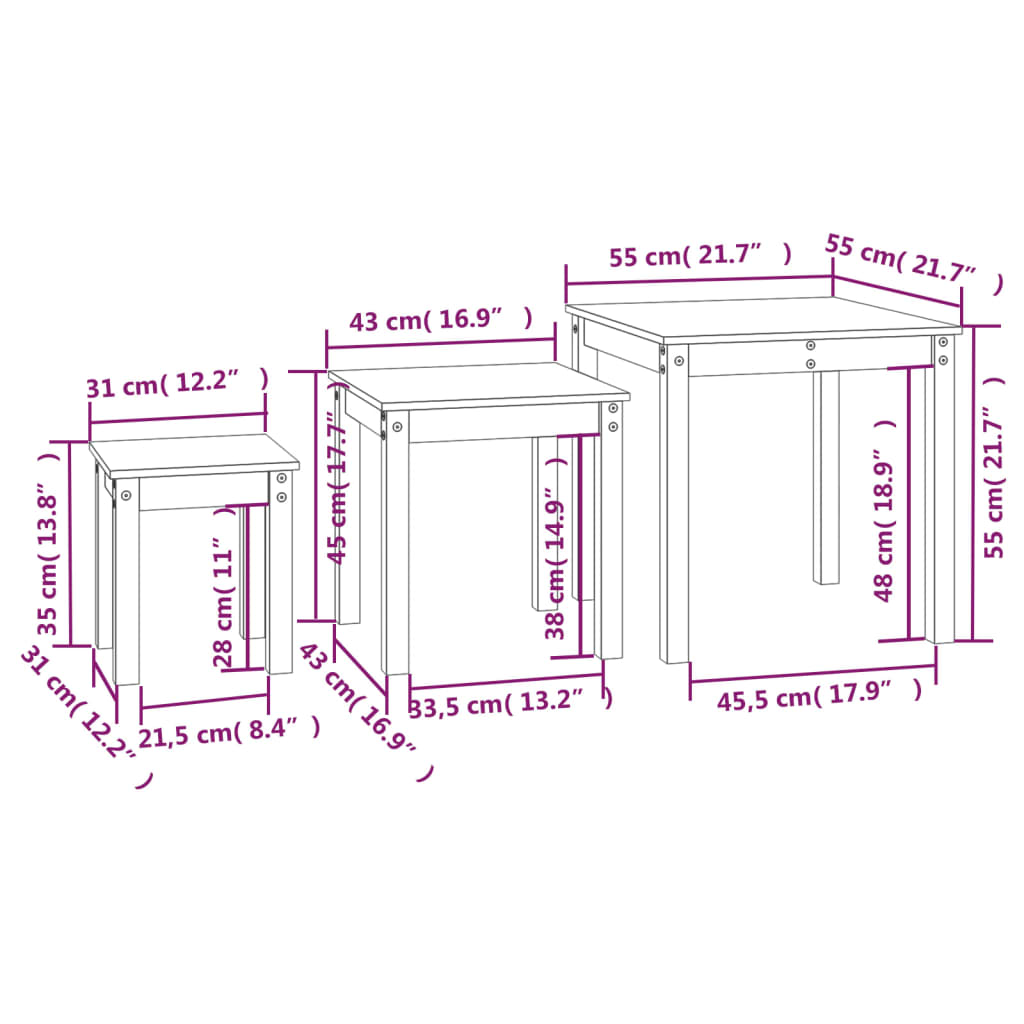 Nesting tables 3 pcs White Solid pine wood