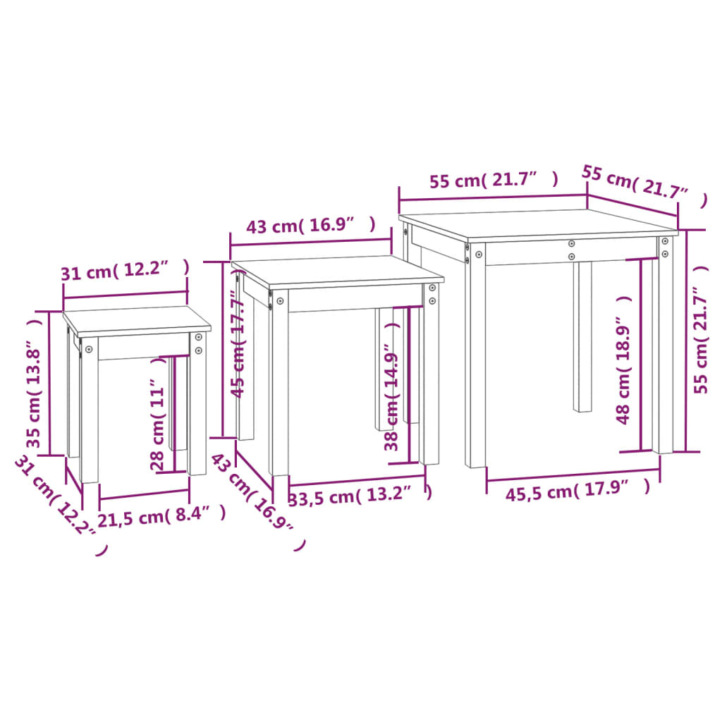 Tables gigognes 3 pcs Marron miel Bois de pin massif