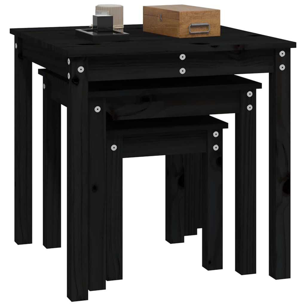 Nesting tables 3 pcs Black Solid pine wood