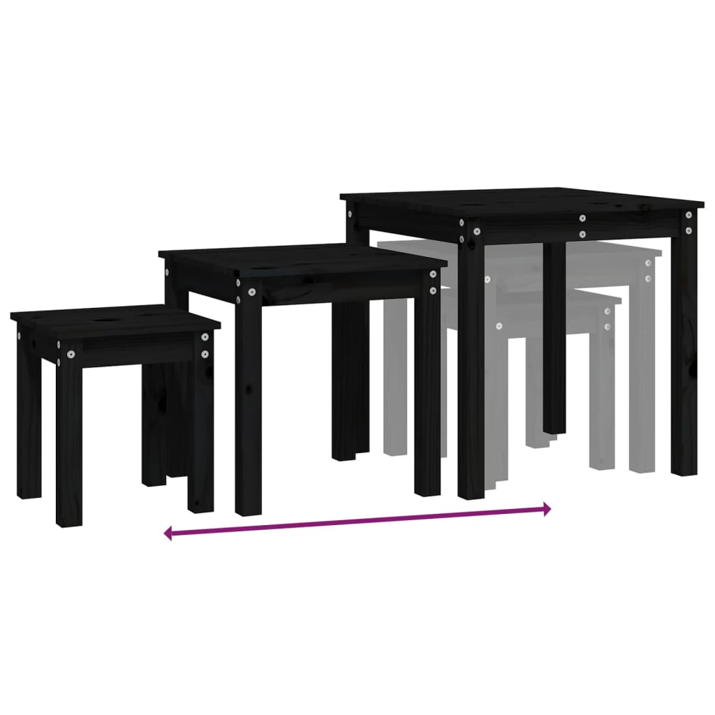 Tables gigognes 3 pcs Noir Bois de pin massif