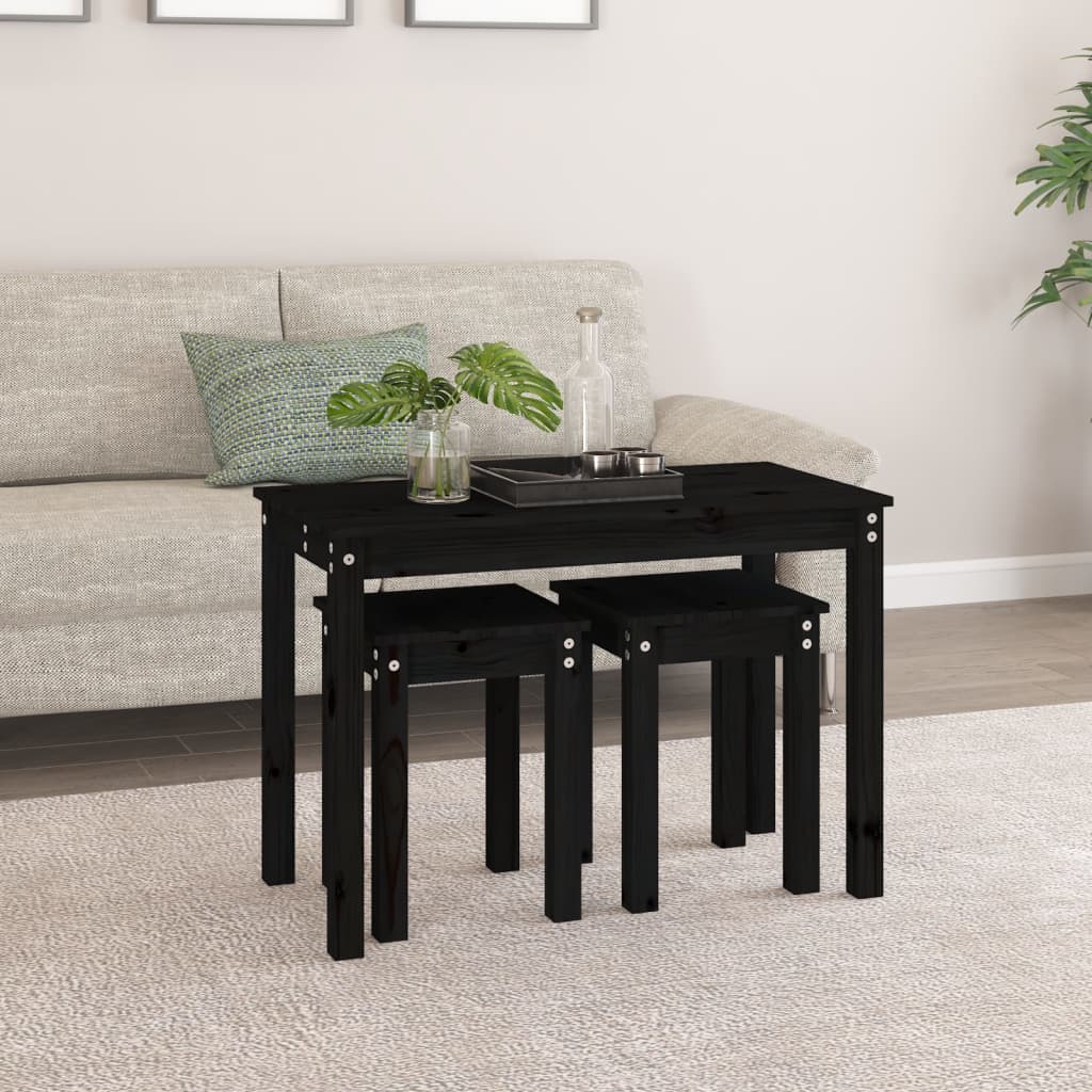 Nesting tables 3 pcs Black Solid pine wood