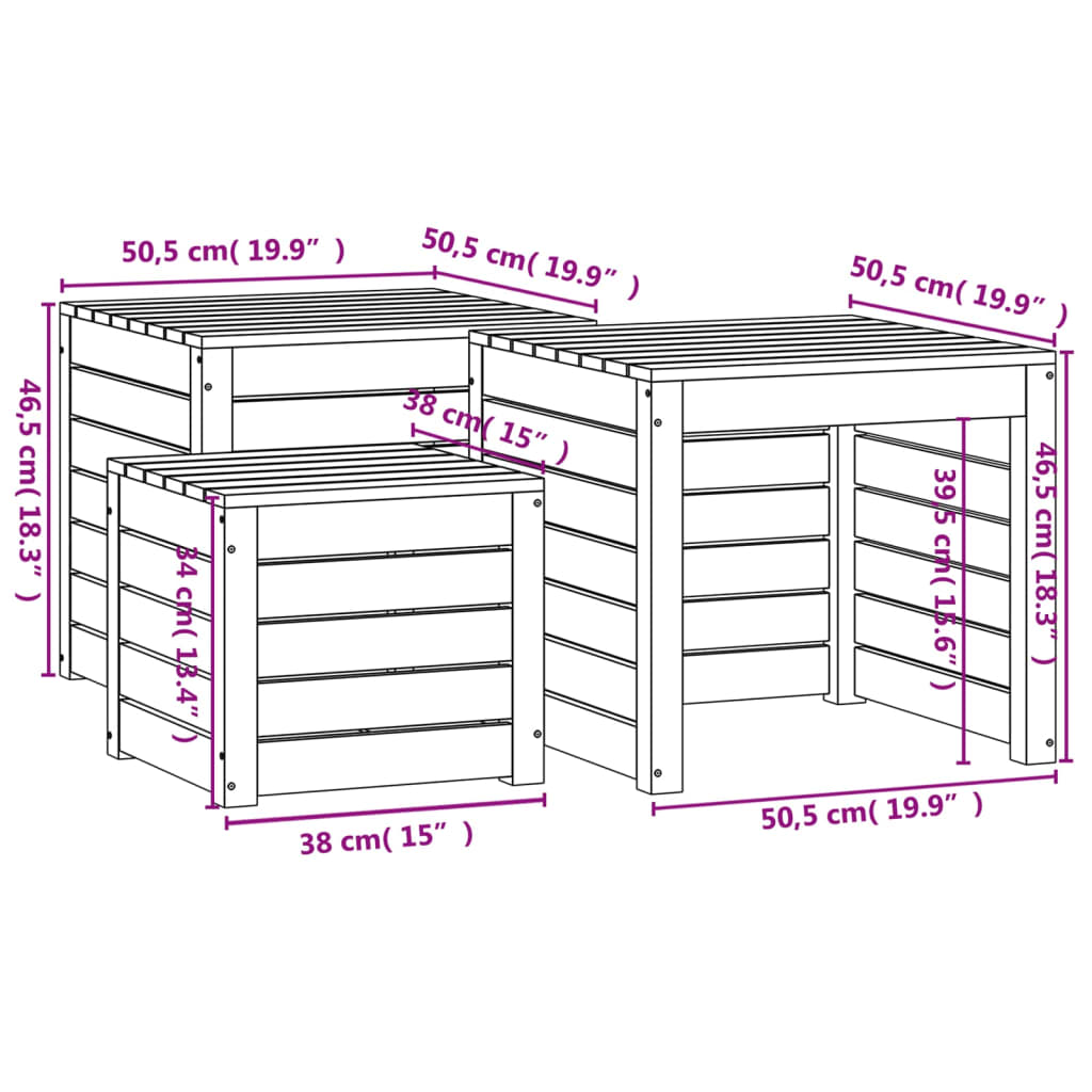 Ensemble de boîtes de jardin 3 pcs gris bois de pin massif