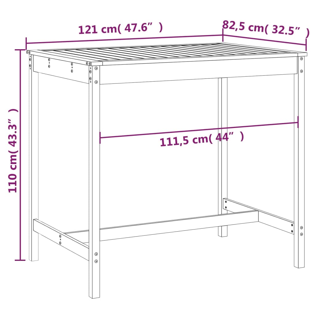 Table de jardin 121x82,5x110 cm bois massif de pin