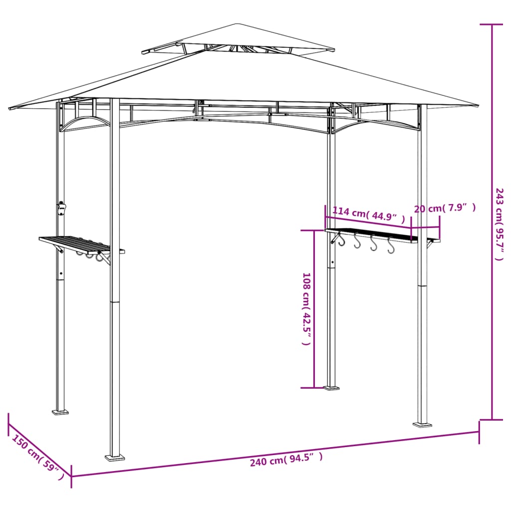 Gazebo BBQ et étagères latérales anthracite 240x150x243cm acier