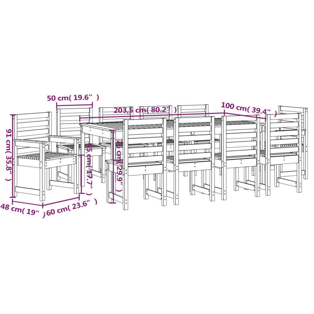 Ensemble à manger de jardin 11 pcs bois massif de pin