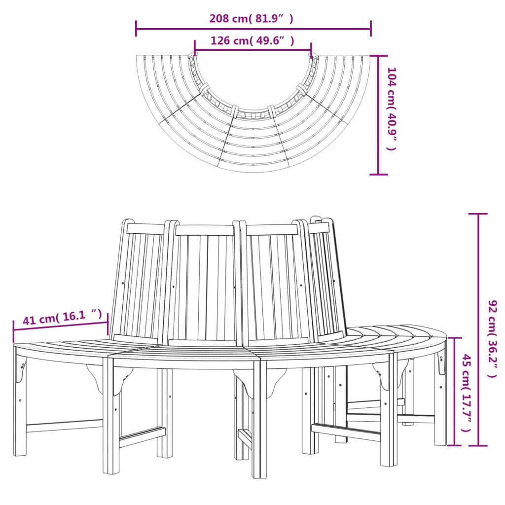 Banc demi-circulaire tour d'arbre Ø208cm bois massif eucalyptus