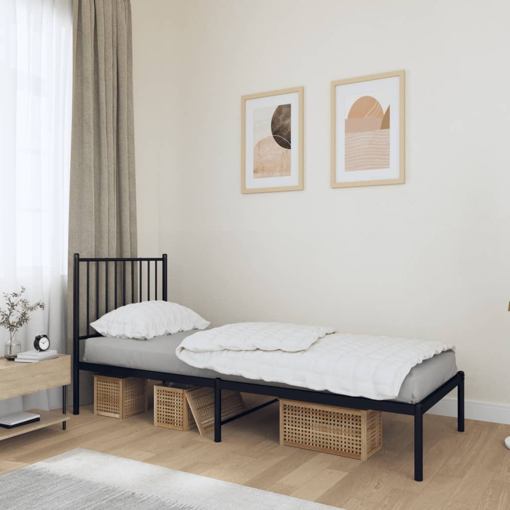 Cadre de lit métal sans matelas avec tête de lit noir 75x190 cm