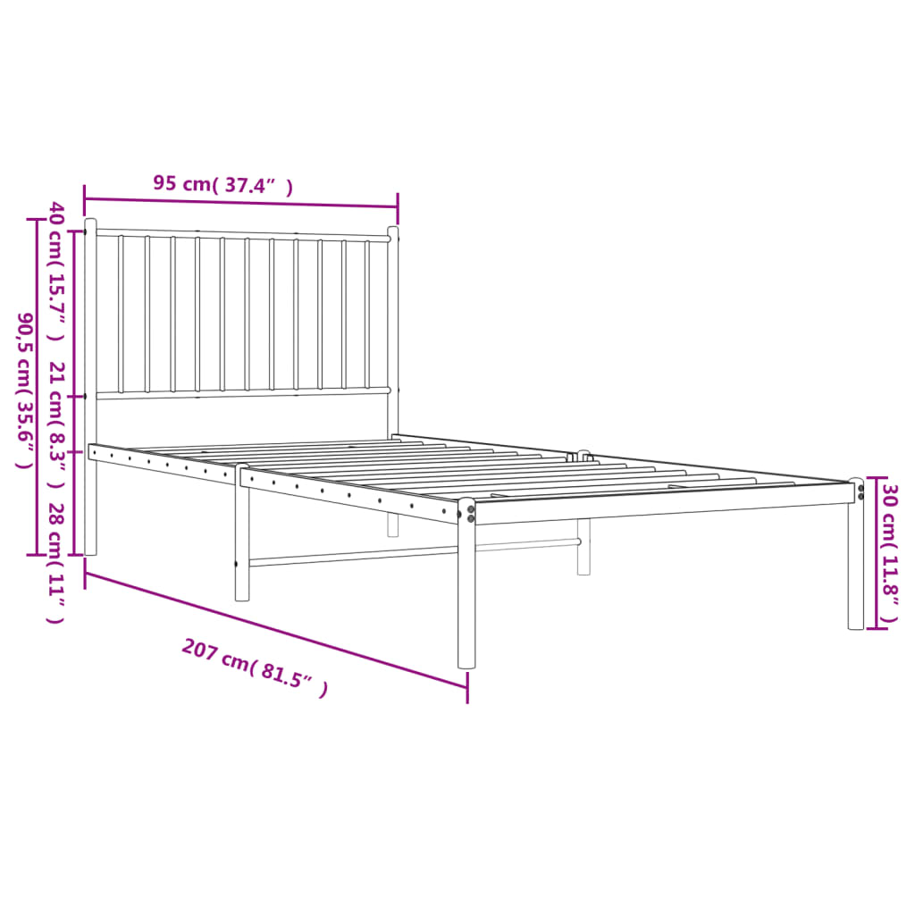 Cadre de lit métal sans matelas avec tête de lit noir 90x200 cm