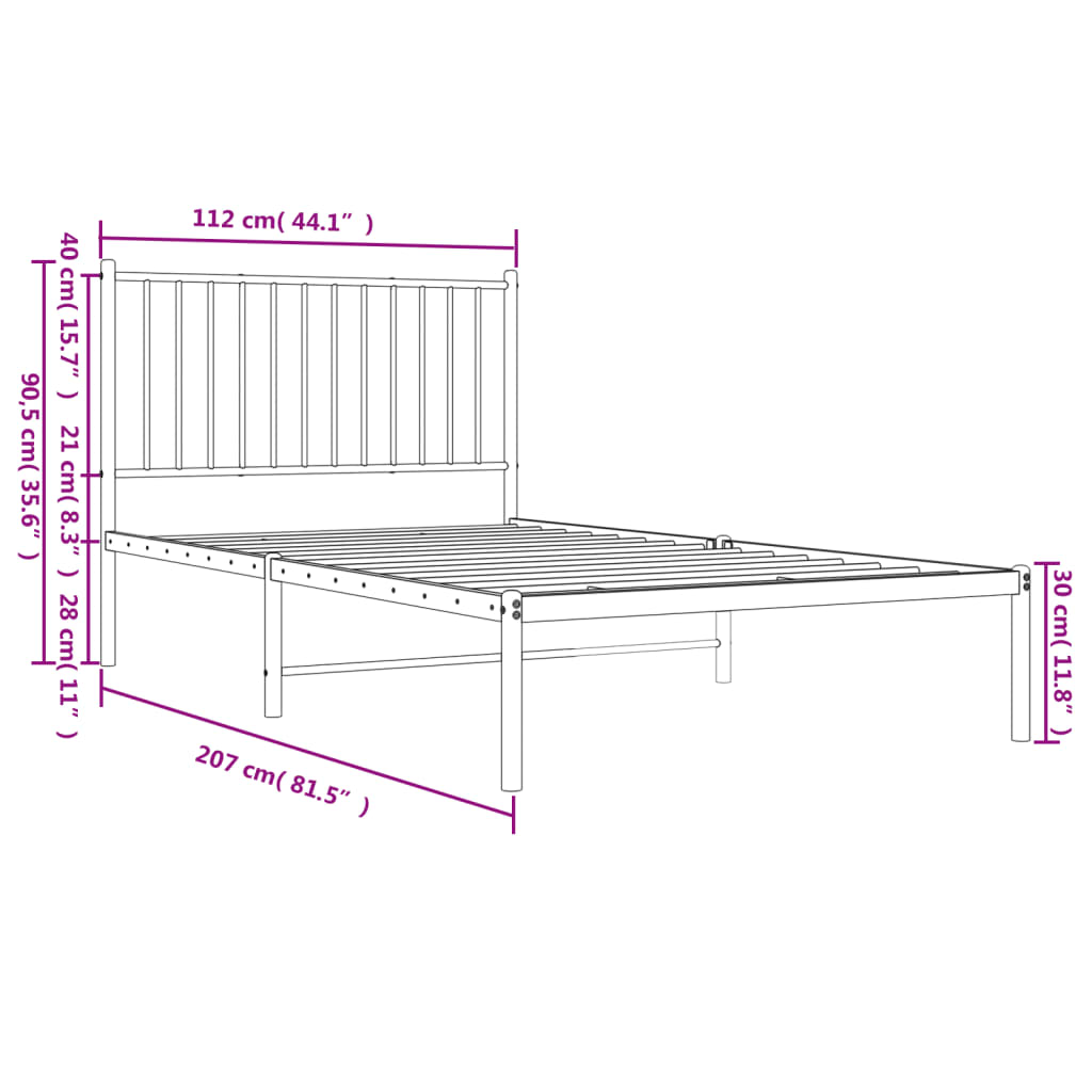 Cadre de lit métal sans matelas avec tête de lit noir 107x203cm