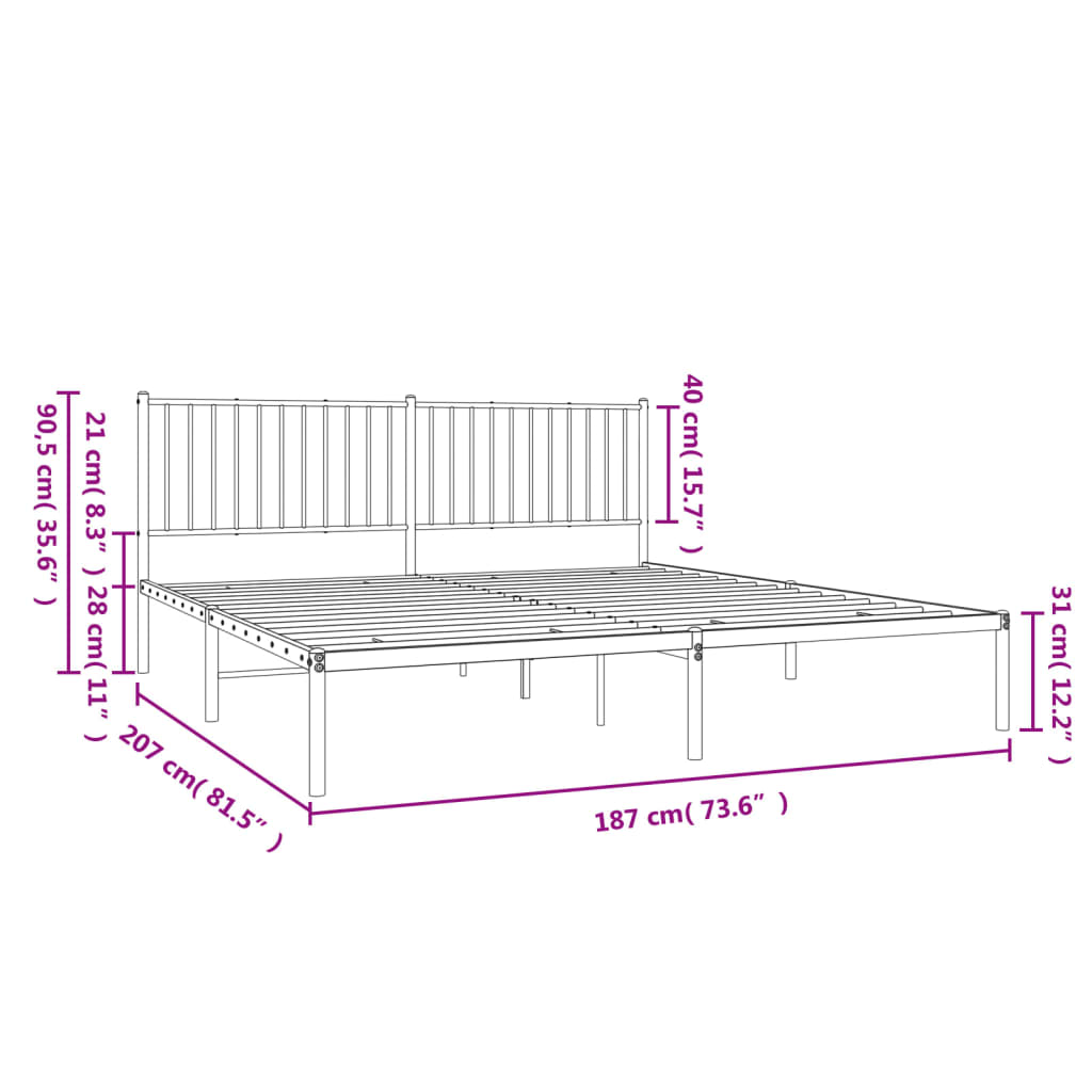 Cadre de lit métal sans matelas et tête de lit noir 180x200 cm