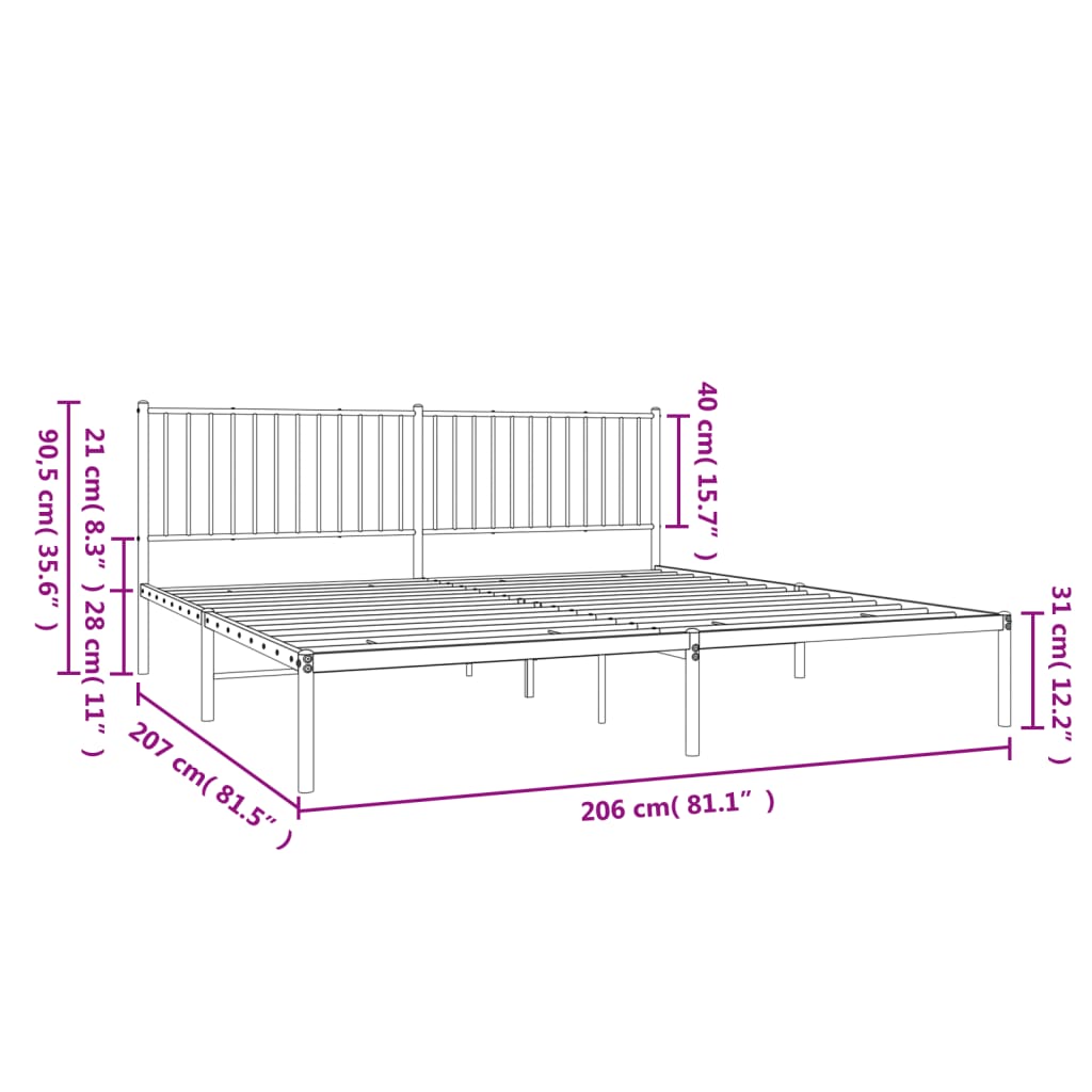 Cadre de lit métal sans matelas avec tête de lit noir 200x200cm