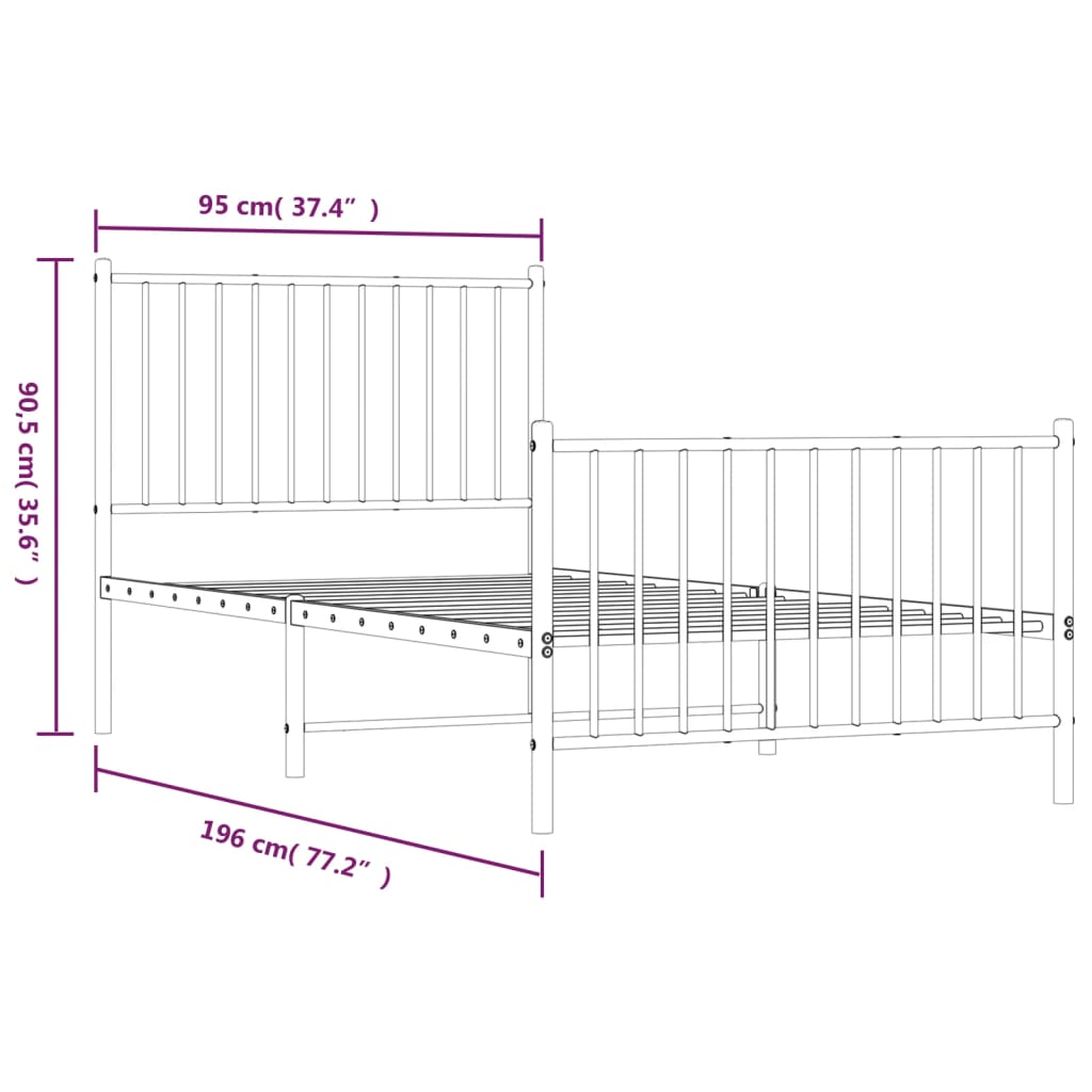 Cadre de lit métal sans matelas avec pied de lit noir 90x190 cm