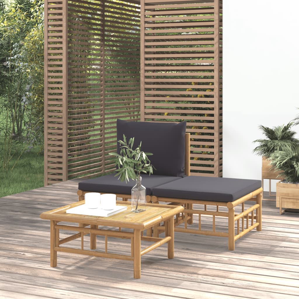 Salon de jardin 3 pcs avec coussins gris foncé bambou