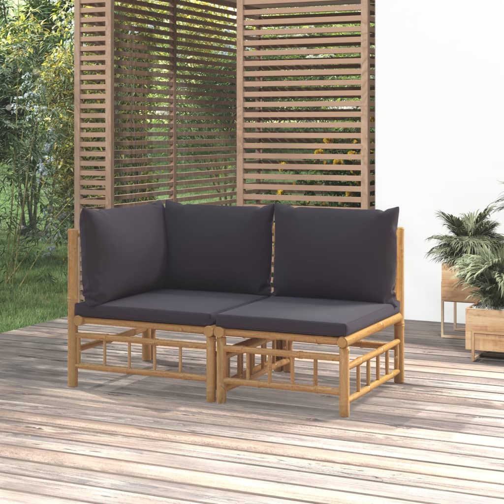 Salon de jardin 2 pcs avec coussins gris foncé bambou