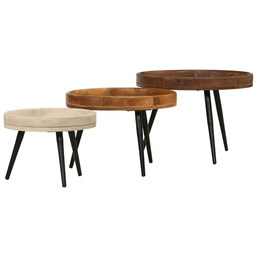 Tables basses rondes 3 pcs bois de manguier massif