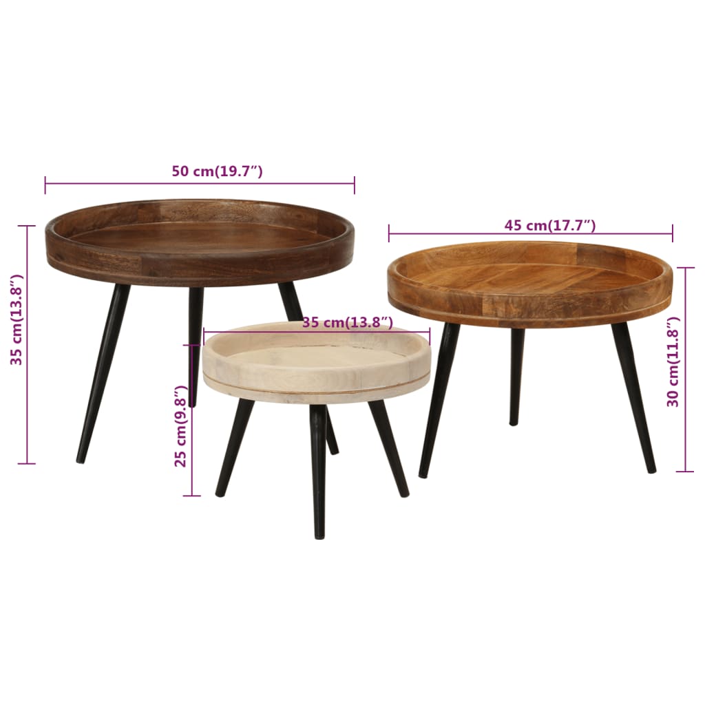 Tables basses rondes 3 pcs bois de manguier massif