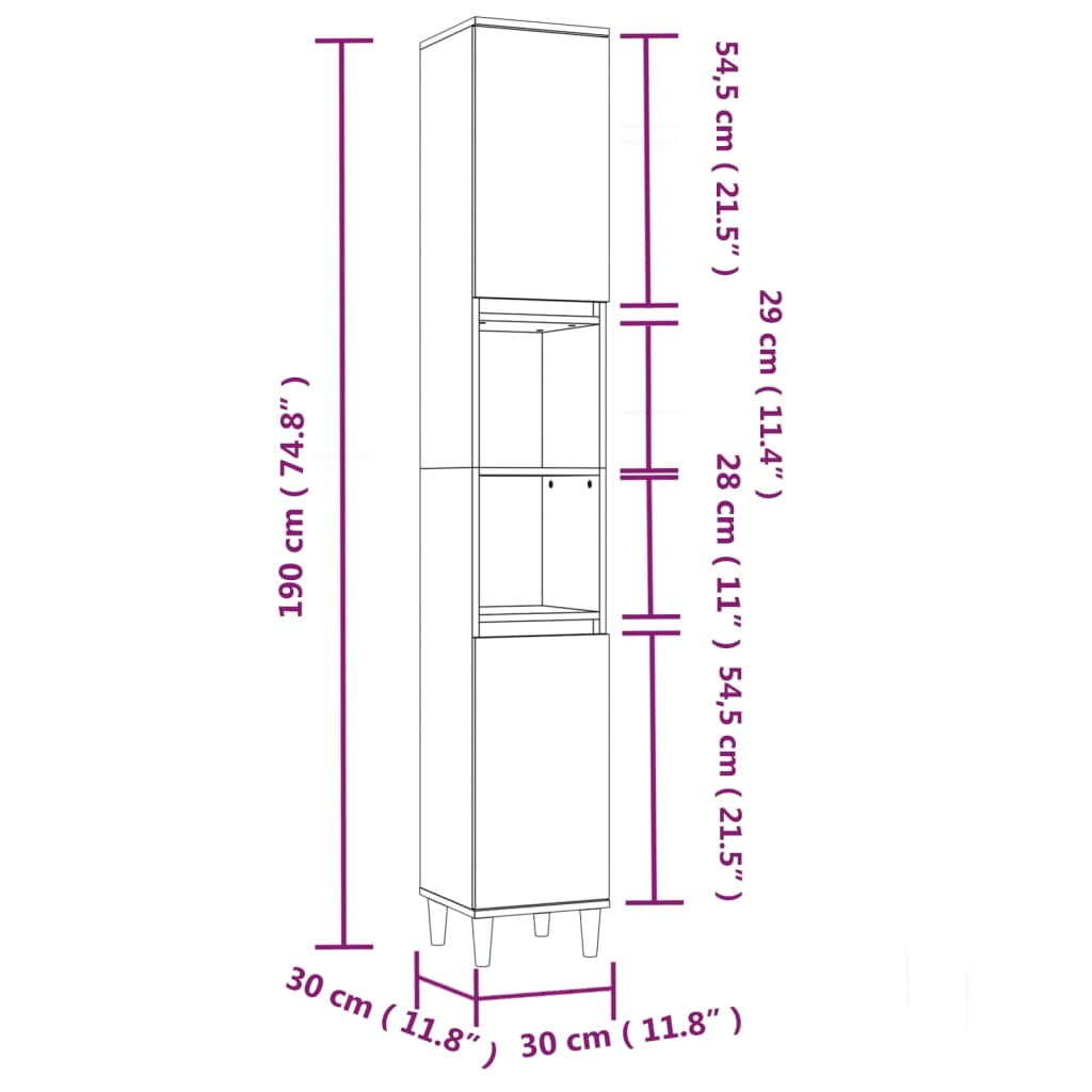 Badezimmerschrank aus brauner Eiche, 30 x 30 x 190 cm, Holzwerkstoff