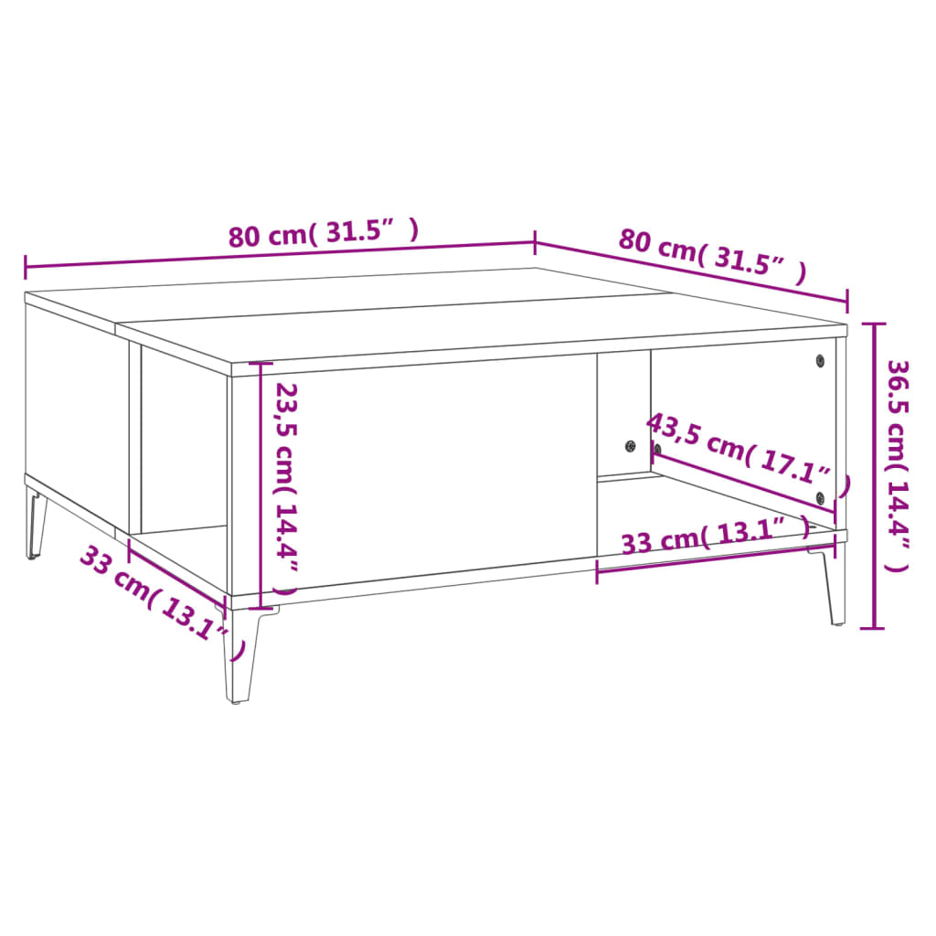 Couchtisch aus Sonoma-Eiche, 80 x 80 x 36,5 cm, Holzwerkstoff