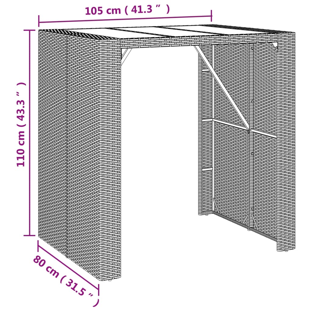 Table de bar et dessus en verre gris 105x80x110 cm poly rotin