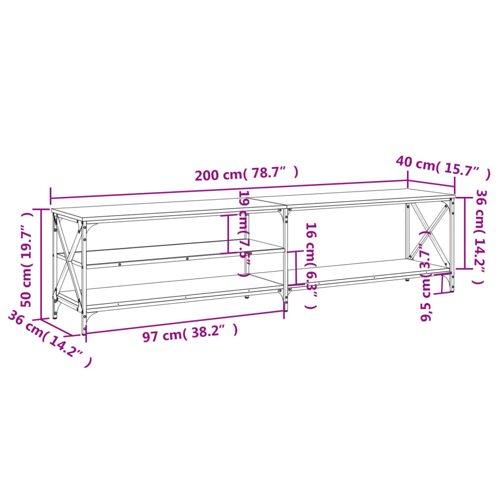 Meuble TV chêne marron 200x40x50 cm bois d'ingénierie et métal