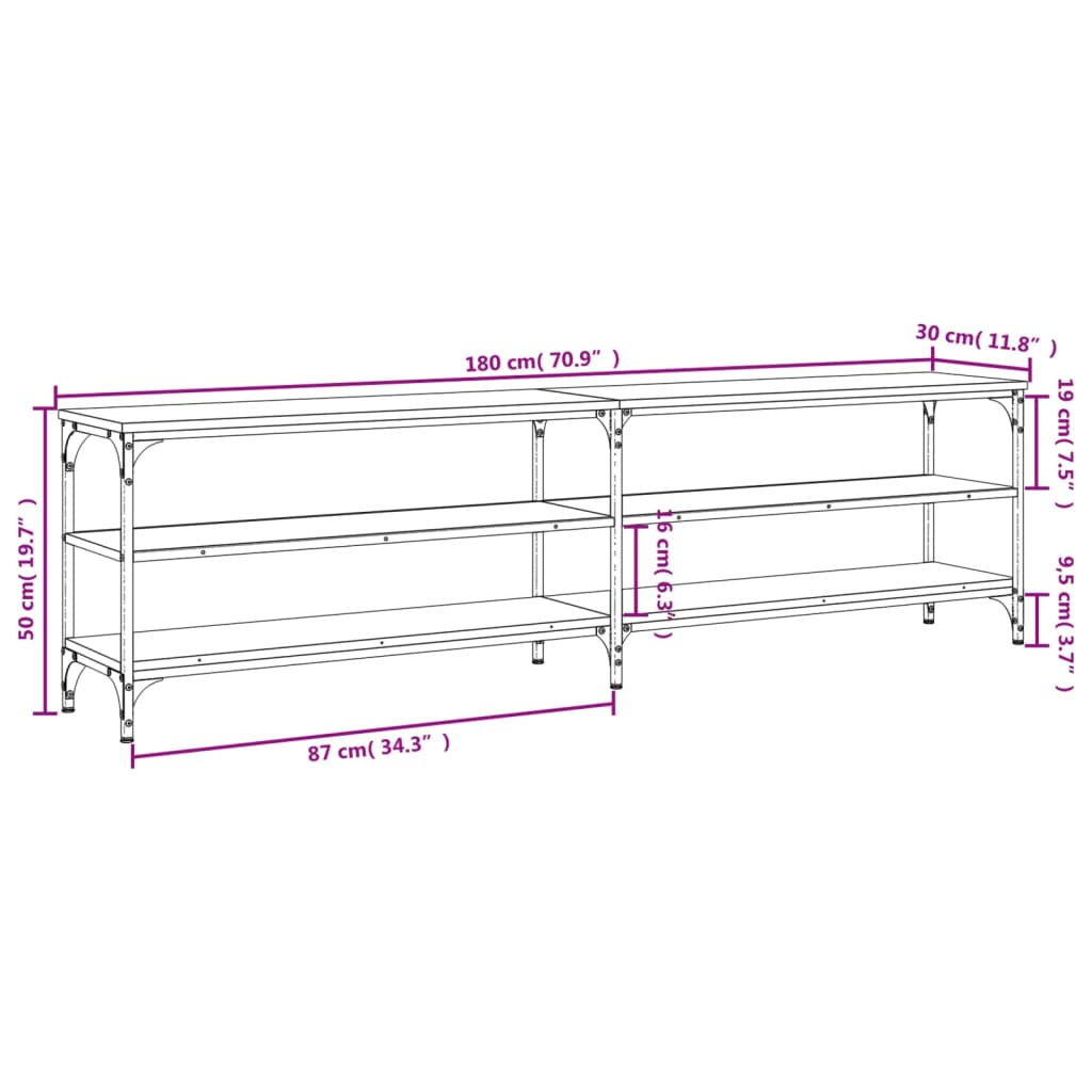 Meuble TV chêne sonoma 180x30x50 cm bois d'ingénierie et métal