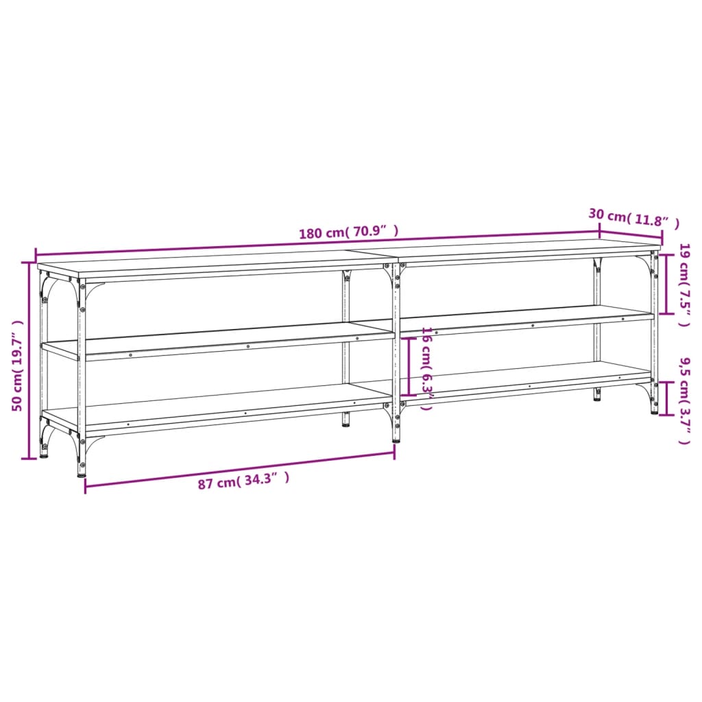 Meuble TV sonoma gris 180x30x50 cm bois d'ingénierie et métal