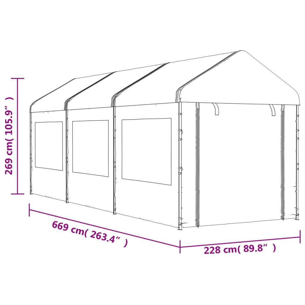 Pavillon mit weißem Dach 6,69 x 2,28 x 2,69 m aus Polyethylen