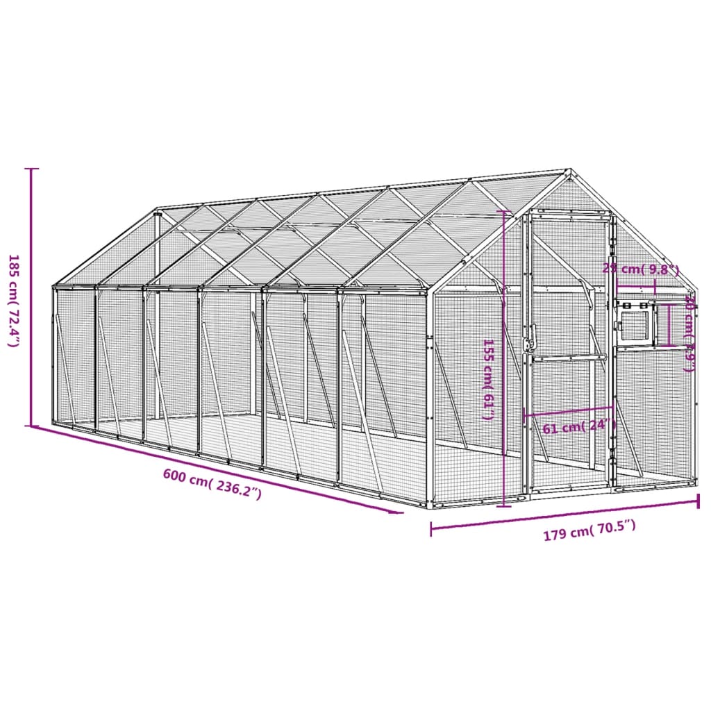 Volière argenté 1,79x6x1,85 m aluminium