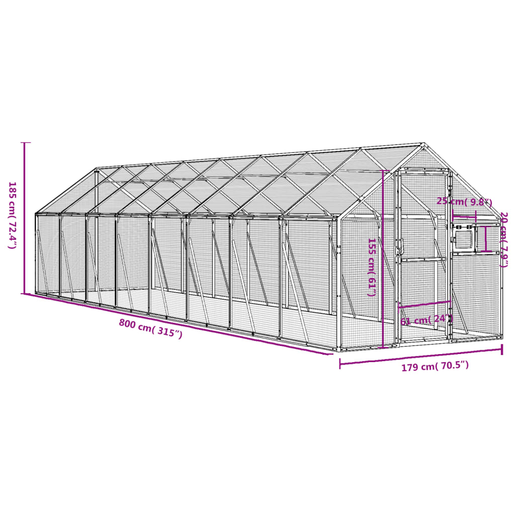 Volière argenté 1,79x8x1,85 m aluminium