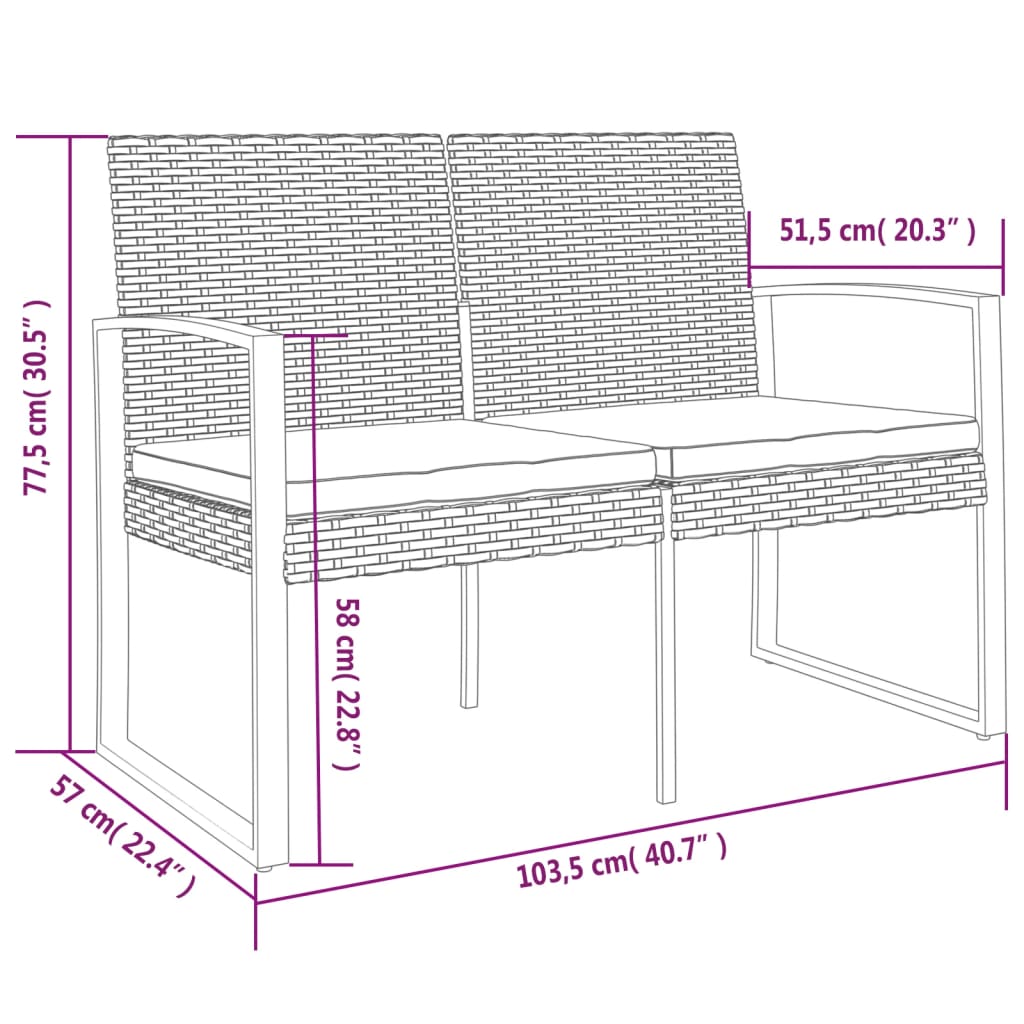 Banc de jardin à 2 places avec coussins noir rotin PP