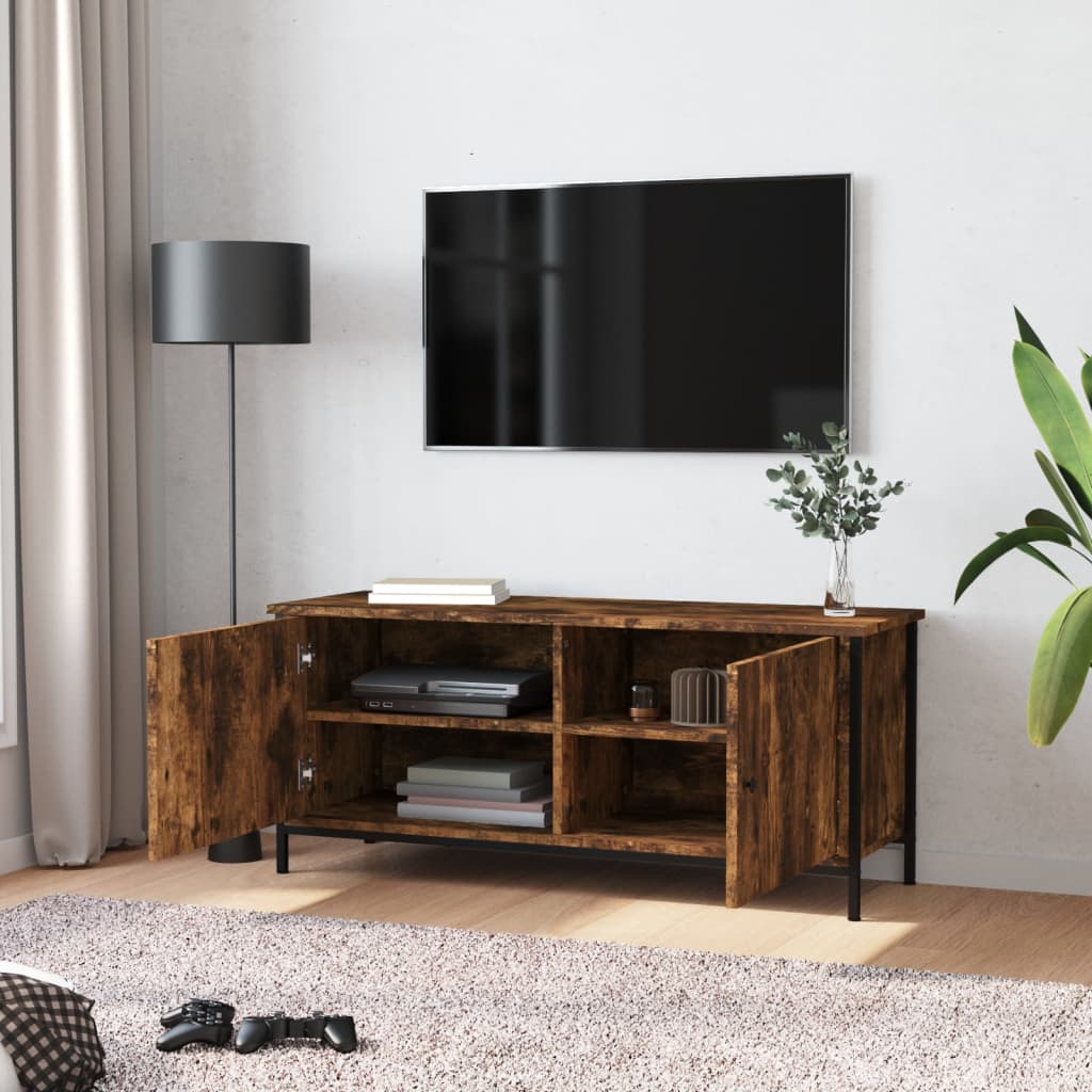 Meuble TV avec portes chêne fumé 102x35x45 cm bois d'ingénierie