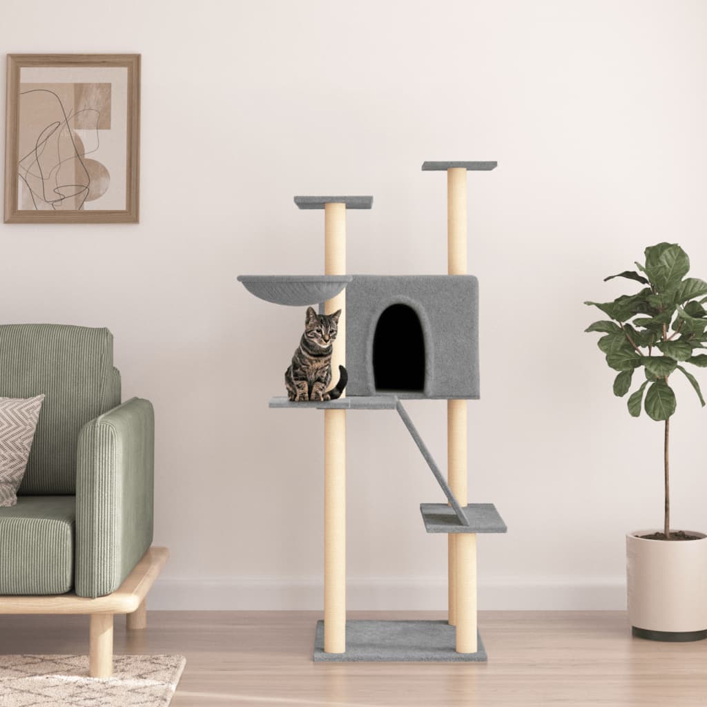 Cat tree with light grey sisal scratching posts 143 cm