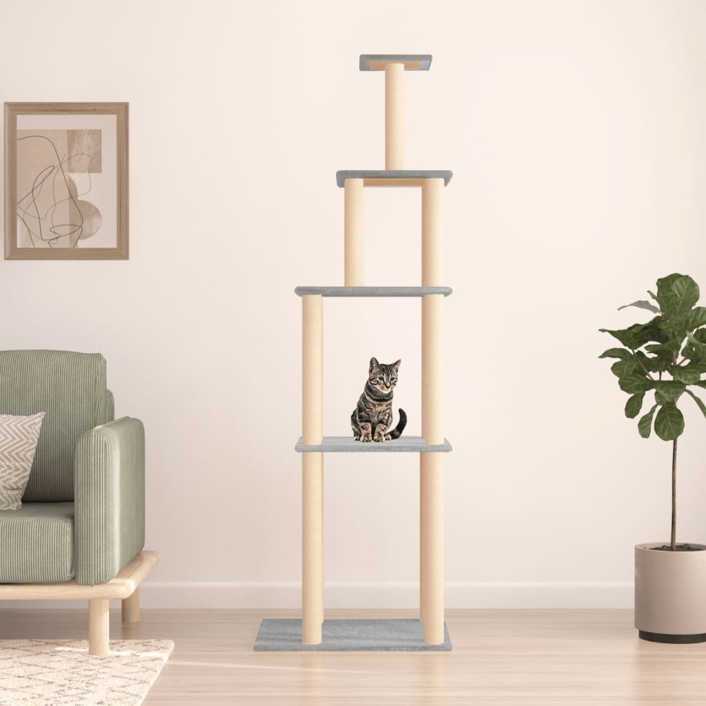 Cat tree with sisal scratching posts, light grey, 183 cm